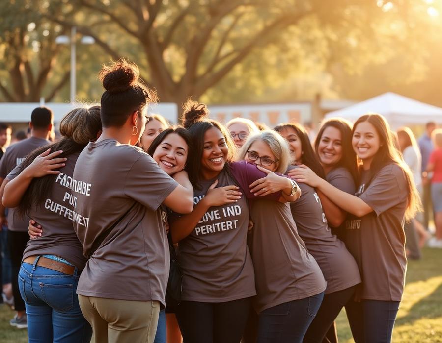Voluntários se abraçando