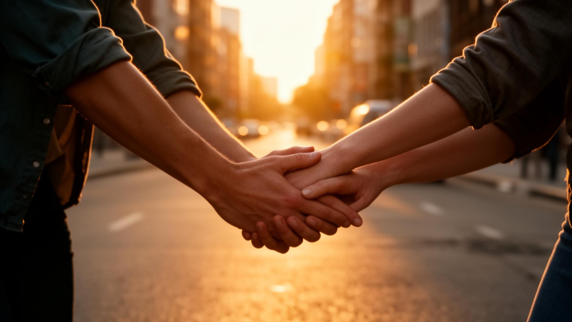 Mãos se acolhendo ao nascer do sol — símbolo de recomeço